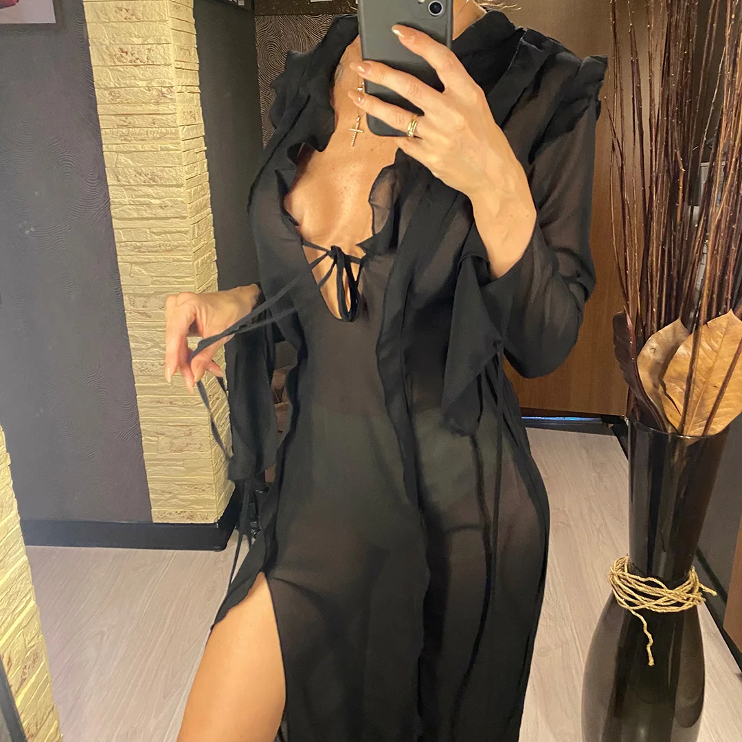 Langes Kleid mit tiefem V-Ausschnitt und hohem Schlitz, Rüschen, Strand-Cover-Up, Bikini-Cover-Up, Strandkleid, Strandmode, Damen V4440 – Detail 11