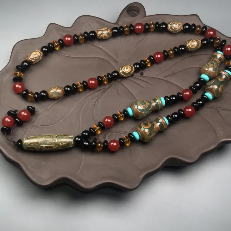 

Natural Tibet old mine agate vase dzi beads necklace pendant nine eyes dzi beads sweater chain ethnic style