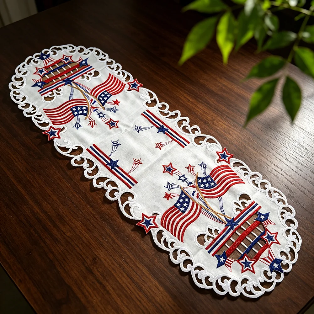 USA Independence Day Flag Embroidered Hollow Table Runner Linen Long Table Mat 4th Of July Party Holiday Decor Tablecloth