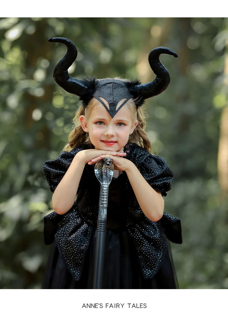 Maleficent-Kostümset für Kinder, Mädchen-Böse-Königin-Outfit, Deluxe Schwarzes Tüllkleid mit Accessoires für Karnevalsparty und Rollenspiel – Detail 2