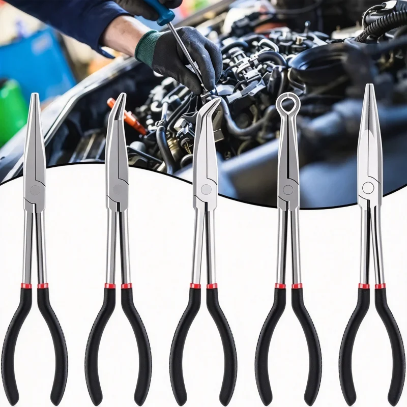 11 Inch Extended Long Handle Needle Nose Pliers 45° Bent Curved Tip Long Reach Pliers O Shape Clamping Hand Repair Tool