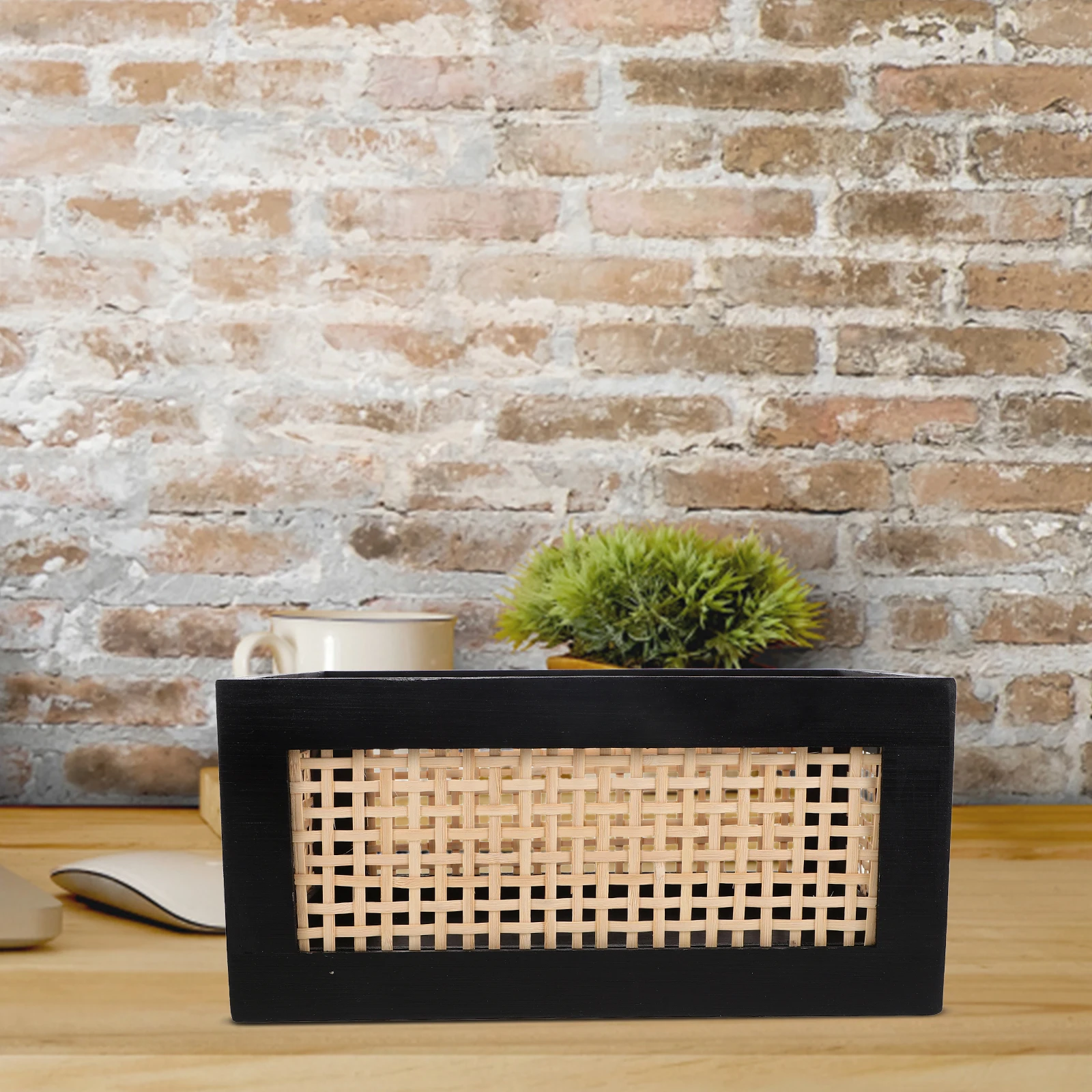 

Vintage Wood Storage Box Handwoven Bamboo Rectangle Basket Organizer for Books Office Supplies Home Decor Countertop