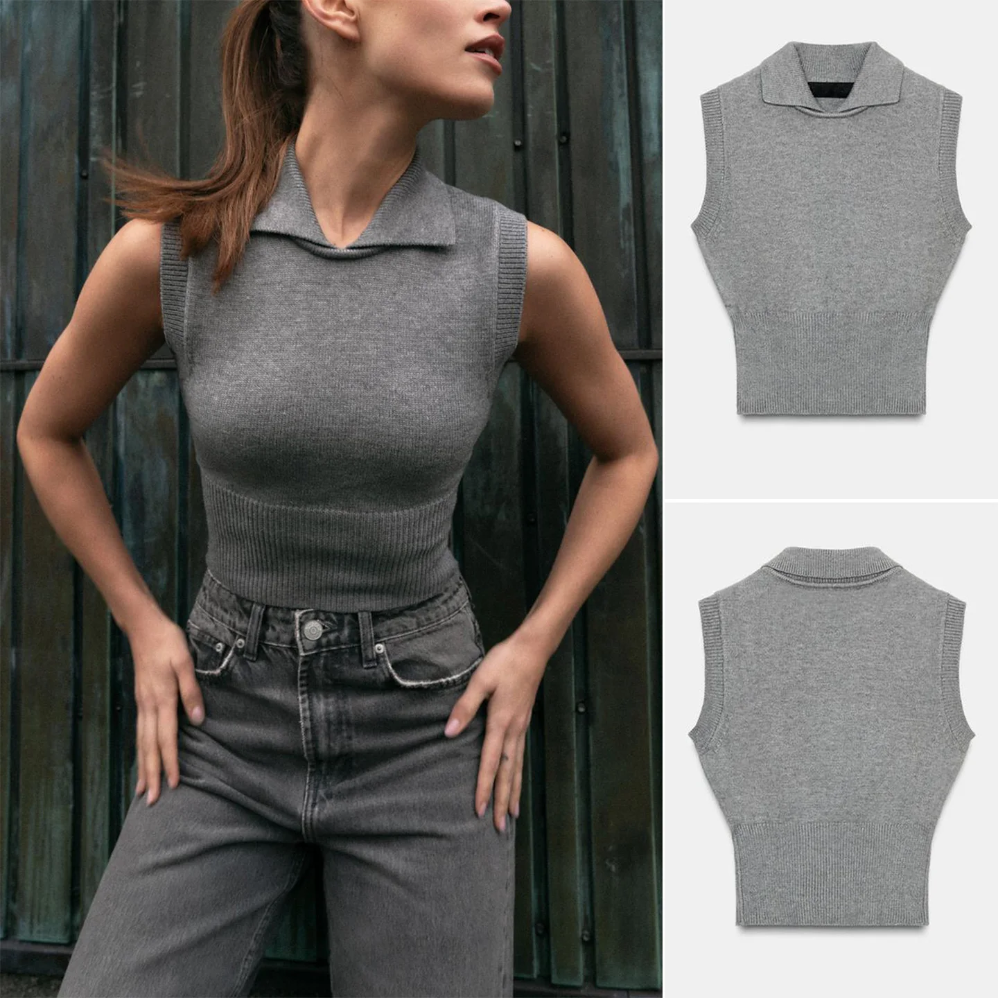 Zimowa damska swobodna prążkowana dzianinowa kamizelka z poliestru, krój A, cienkie ramiączka, jednolity kolor.