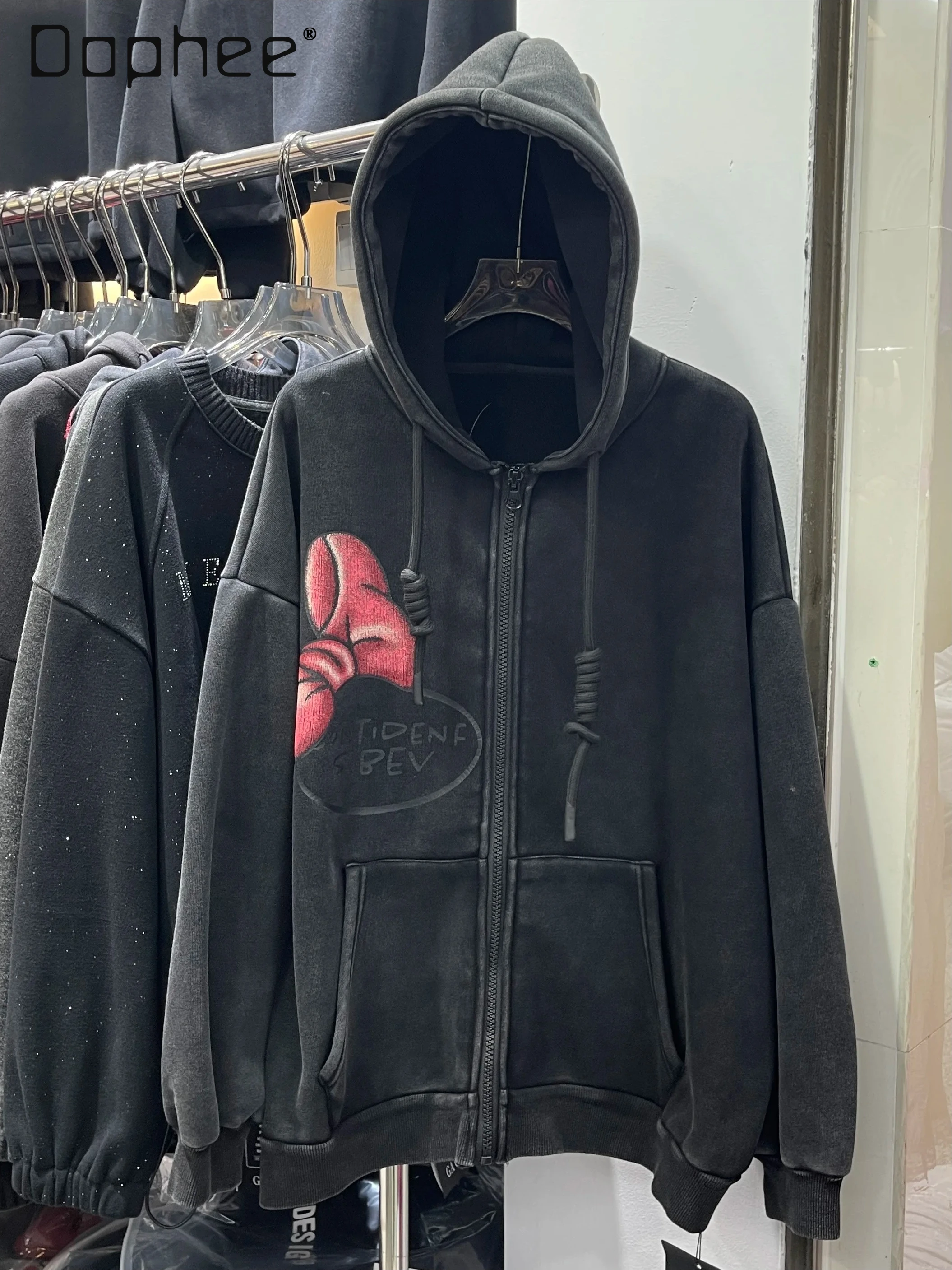 

Sweatshirts Women Autumn Winter Trendy Brand Heavy Craft Cartoon Print Sequin Fleece-Lined Loose Fit Hooded Cardigan