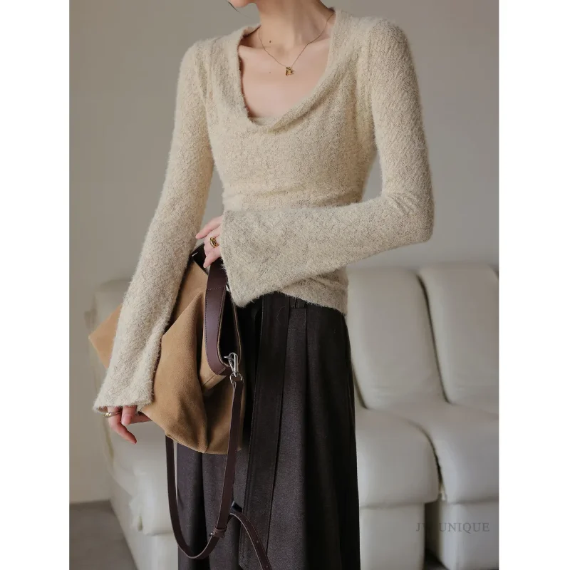 Women's Brown Fuzzy Long Sleeve Top Cowl Neck Slim Fit Knit Blouse