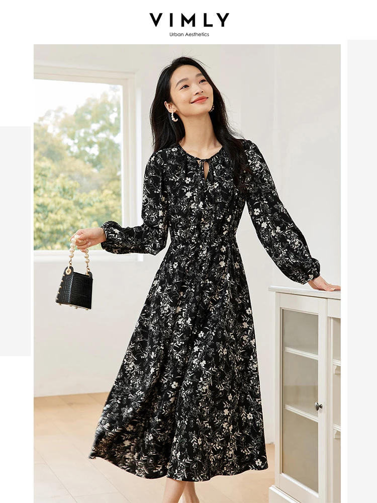 VIMLY Women\'s Elegant Long Sleeve Floral Print V-neck Casual Dress A-Line Knee-Length Elastic Waist Spring Autumn A-Line Dress