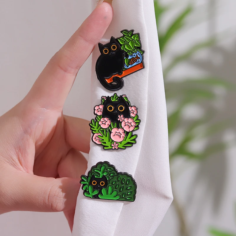 Cactus Cat Potted Enamel Pin Brooch Flower Plant Cartoon Metal Women Kids Gift Accessories Badge Black Animal Kitten Jewelry