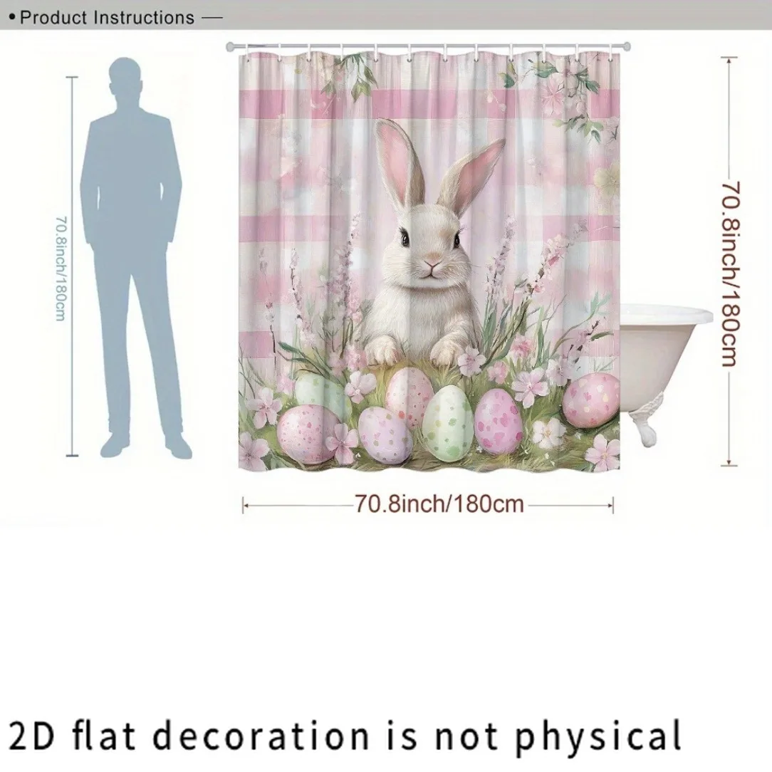 2D Flat, 2D Flat, 2D Flat Cloth 1pc Cute Rabbit Pattern Shower Curtain, Easter Egg Spring Plant Floral Plaid Watercolor Modern S