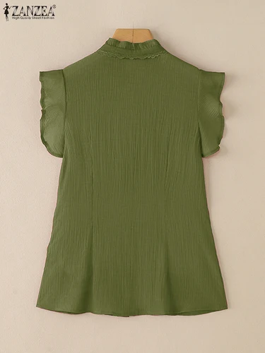 Imagen 2 del producto Camisas de oficina de verano ZANZEA, blusa elegante sin mangas para mujer, Blusas plisadas lisas, blusas elegantes con cuello levantado y botones para vacaciones