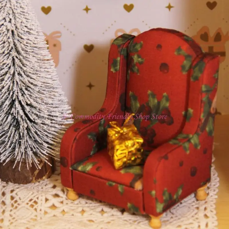

85AE Miniature Sofa Model Figure 1/12 Scale Doll House Decoration Armchair with Washable Floral Fabric And Frame Design