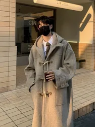 Japanese Style Horn Button Woolen Coat Men's Winter Loose Mid-Length Hooded Jacket Thickened Cotton Added Upper Apparel