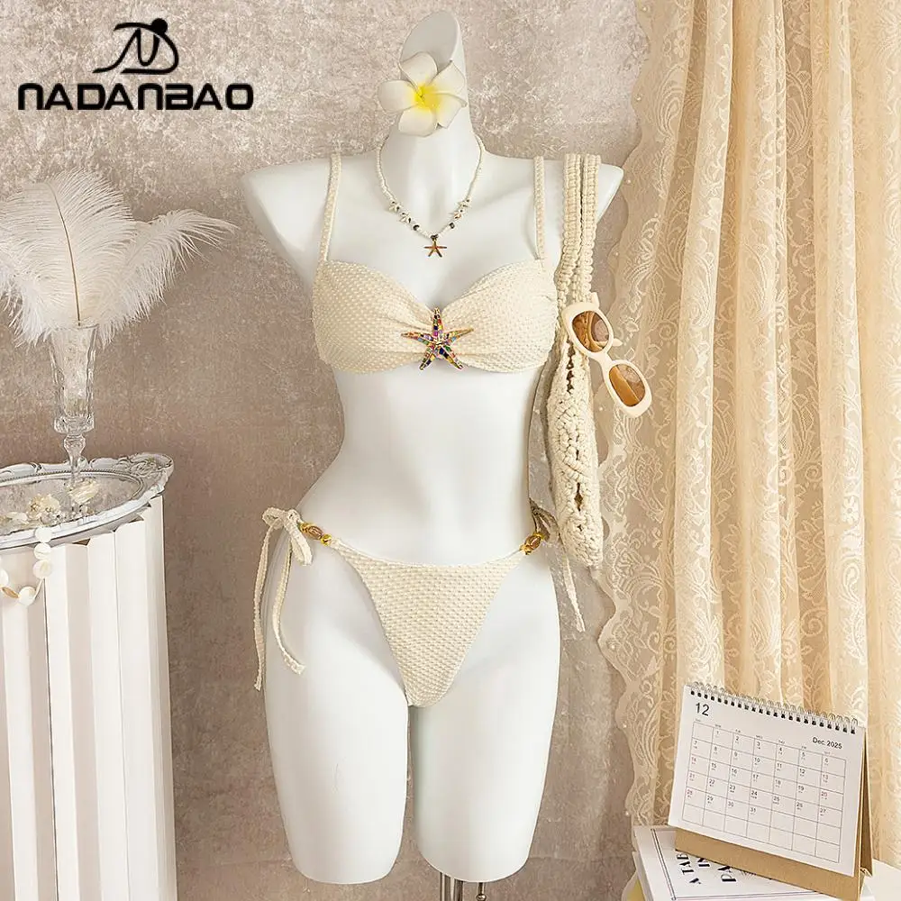 

Nadanbao Sexy Vintage Style Starfish Bikinis Apricot Lace Up Swimwear for Women Mid Waist Casual Swimsuit Vacation Beach Clothes