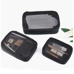 Borsa cosmetica da donna in maglia nera Kit da toilette Neceser da viaggio organizzatore per trucco trasparente borsa per il lavaggio piccola borsa per il trucco grande