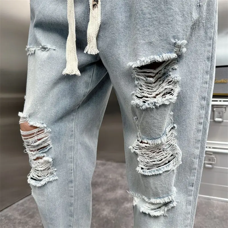 جينز ممزق قديم 2025 للرجال فضفاض مستقيم للربيع والصيف رفيع واسع الساق سراويل هارلان بخصر مطاطي سراويلي حريمي للرجال #4
