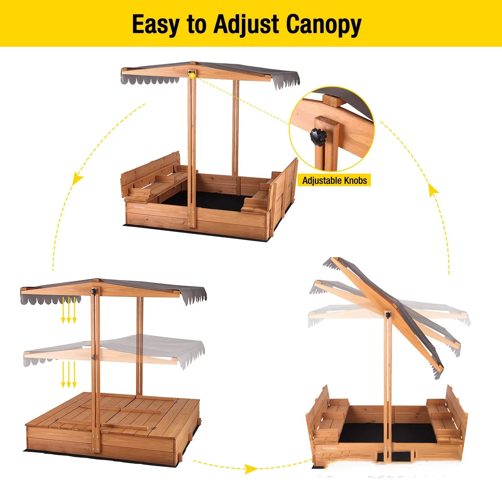 

Large Outdoor Wooden Sand Box for Height Adjustable Sandbox with Canopy ' Backyard Play Pit with Cover