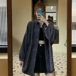 Vintage Corduroy Shirt Tops Women's Spring Autumn New Loose Korean Long Sleeve Solid Color Youth Blouse Casual Fashion Clothing