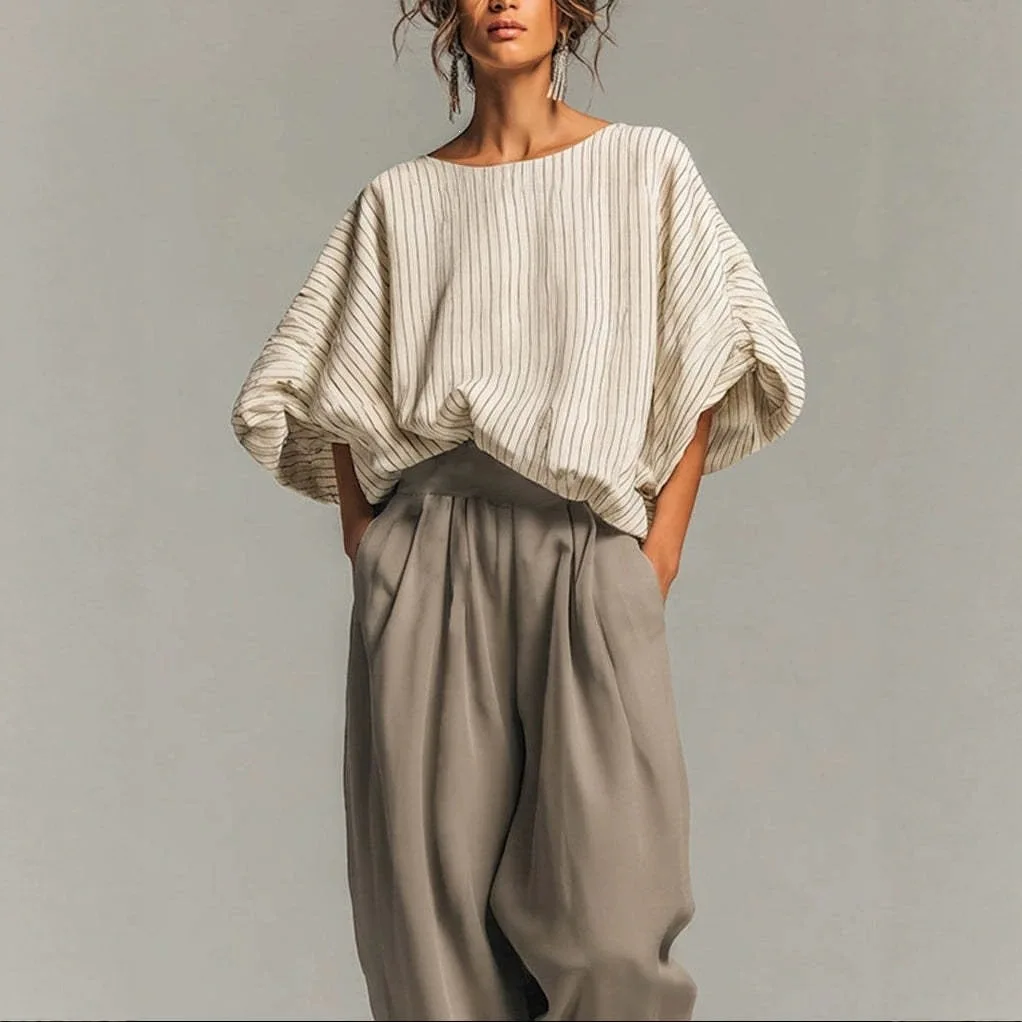 2026 Autumn New Women's Retro Casual Loose Medium Long Sleeve Top and Pants Two Piece Set