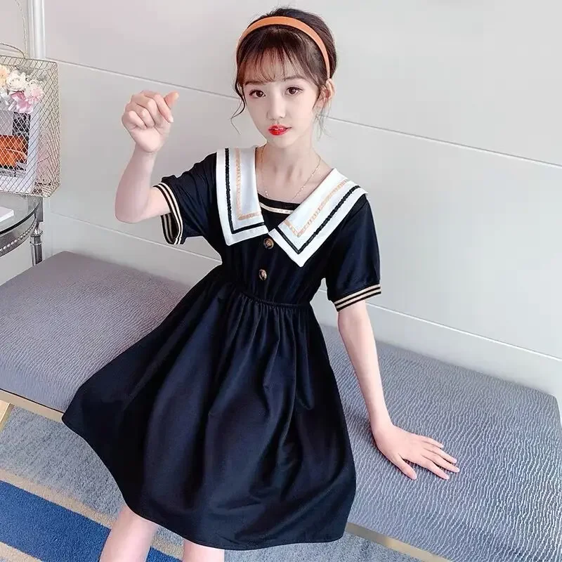 2024 preppy summer Kids patchwork Child Clothes Teenager School sailor bow JK striped Uniform Dress Girls Daily Wear 6 9 12 yaer