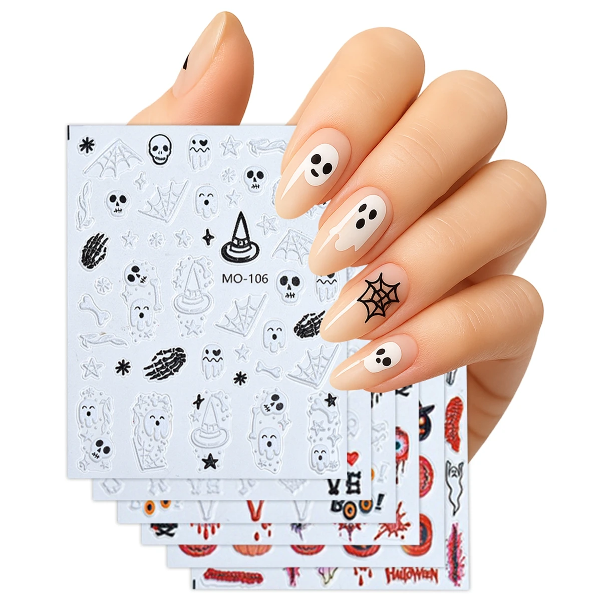 

3/6/12 Sheets Halloween Ghost Nail Stickers – Skull Spider Web Witch Hat Self-Adhesive Nail Art Decals for DIY Manicure