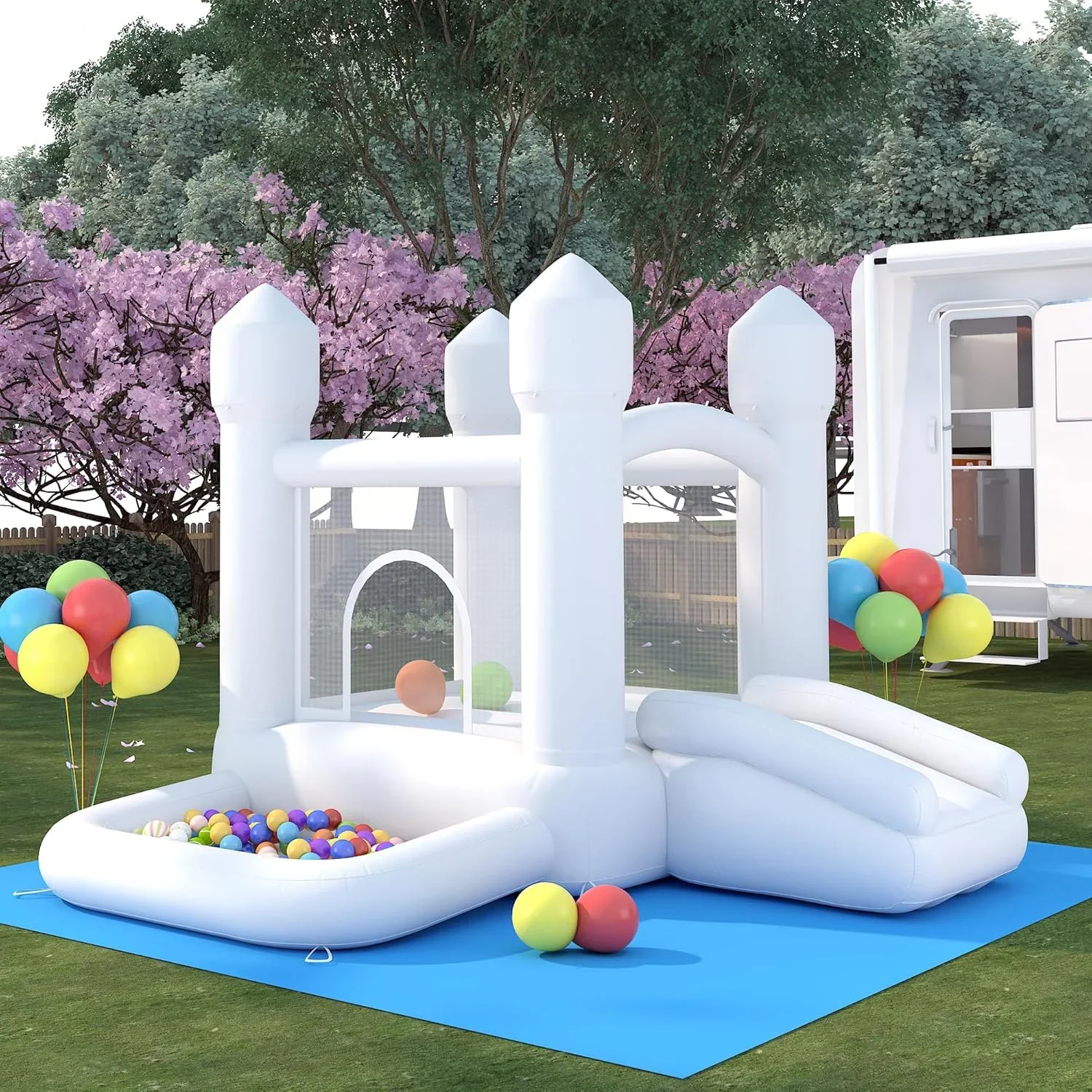 Castello gonfiabile per buttafuori in PVC bianco per bambini Gioco da salto per interni o esterni con il cortile della festa di compleanno include il ventilatore