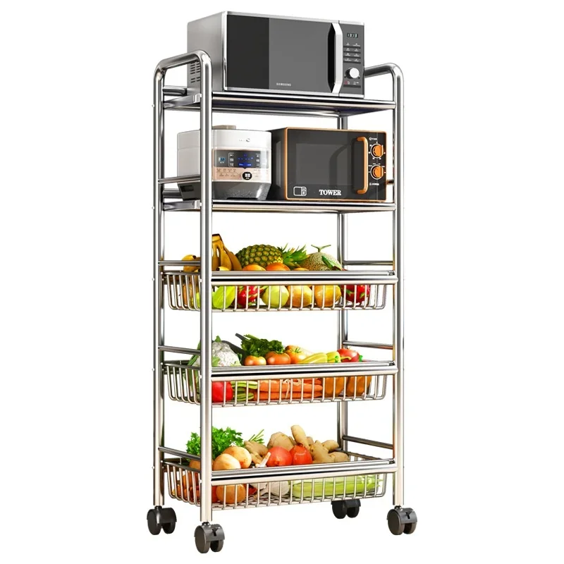 Wheels Trolley 304 Stainless Steel Kitchen Island Rolling Cart Microwave Rack Vegetable Basket Multi Tier Storage Shelf Caster