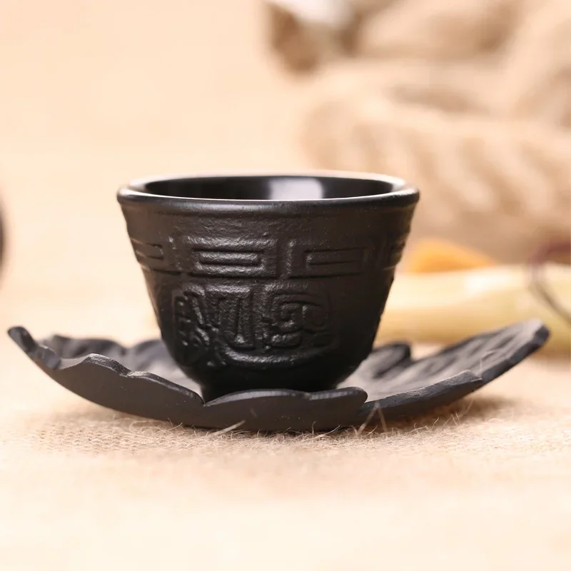 Japanese Style Cast Iron Tea Cup and Saucer Set, Heavy Duty Castiron Teacup, Metal Coasters, Espresso Coffee Cup, Drinkware