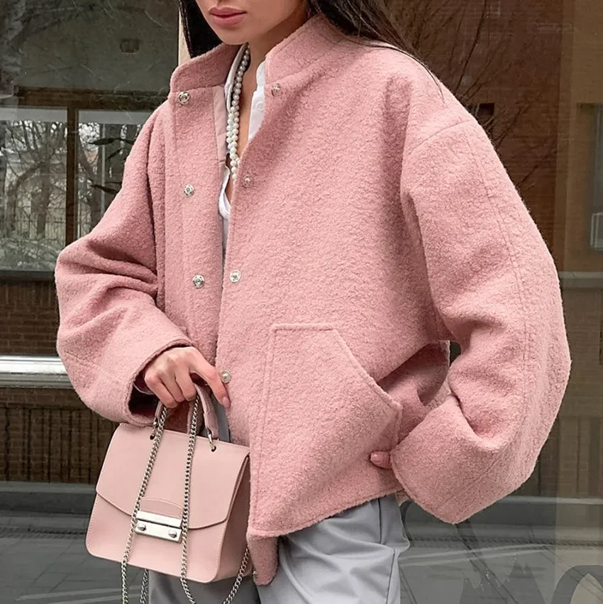 Simple and Personalized Pink Stand up Collar Fashion Jacket 2024 Autumn Winter New Niche Long Sleeve Top for Women