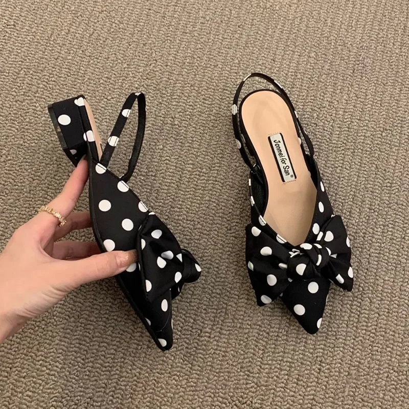 Summer Women\'s Pumps Fashion Shallow Bowknot Slingbacks Pumps Black and White Plaid Polka Dots Heels Slip-on Low Heels Sandals