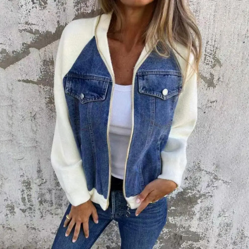 

Women Jacket Denim Coat Color Matching Zip-up Pockets Cardigan Long Sleeves Patchwork Raglan Shoulder Casual Retro Denim Jacket