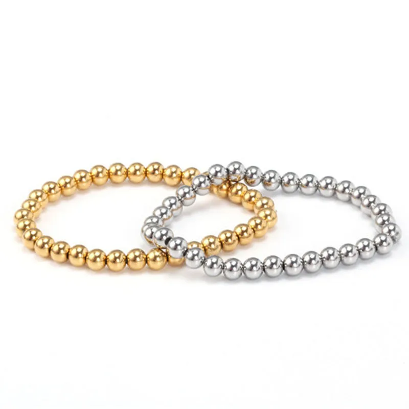 New Arrival 5/6mm Stainless Steel Beaded Bracelets For Women Men Gold Plated Stretchable Bangles Jewelry Christmas Gift