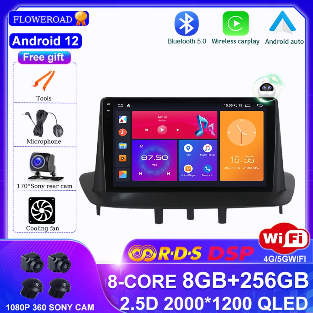 Android 12 For Renault Megane 3 2008-2014 Car Radio Multimedia Video Player Navigation stereo GPS DSP BT5.0 Carplay Auto 360 Cam