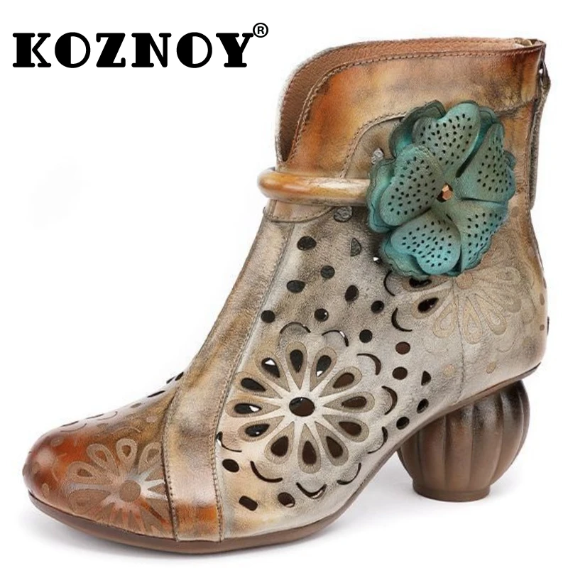 

Koznoy 6cm Cow Genuine Leather Ethnic Pumps Summer Hollow Sandals Fashion Rubber Chunky Heels Women Ankle Booties ZIP Shoes