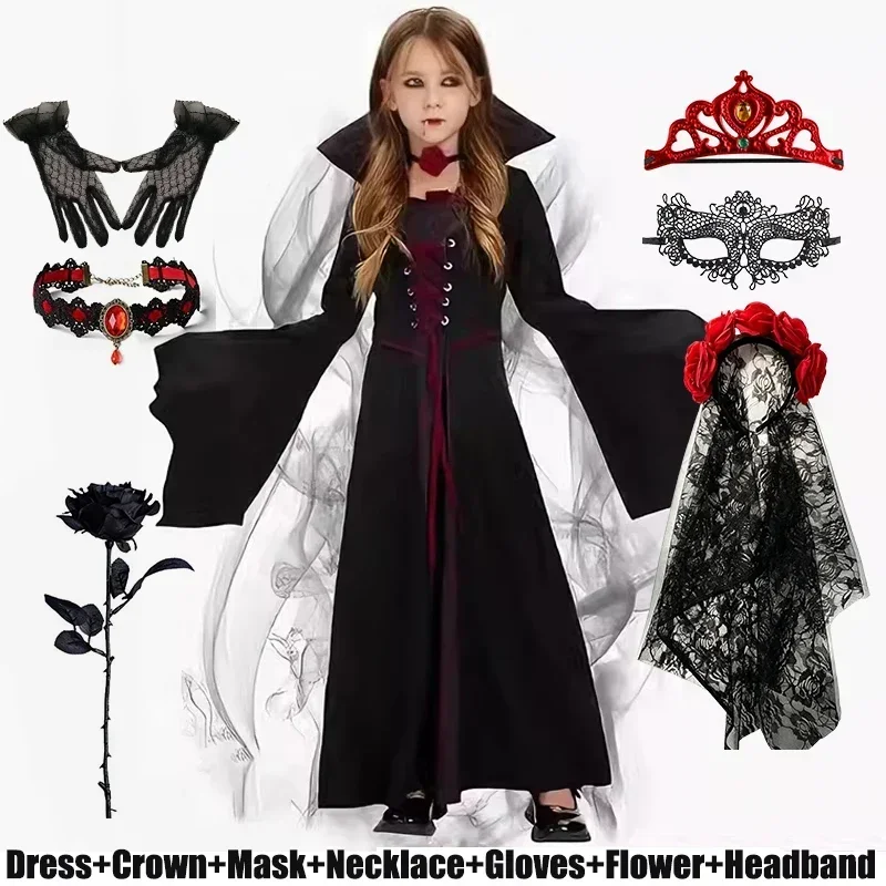 Halloween-Rollenspielkostüm für Mädchen, Kinder, Schwarzes Rotes Gothisches Langes Kleid mit Schleier und Handschuhen für Party, Karneval, Faschingskostüm – Detail 2