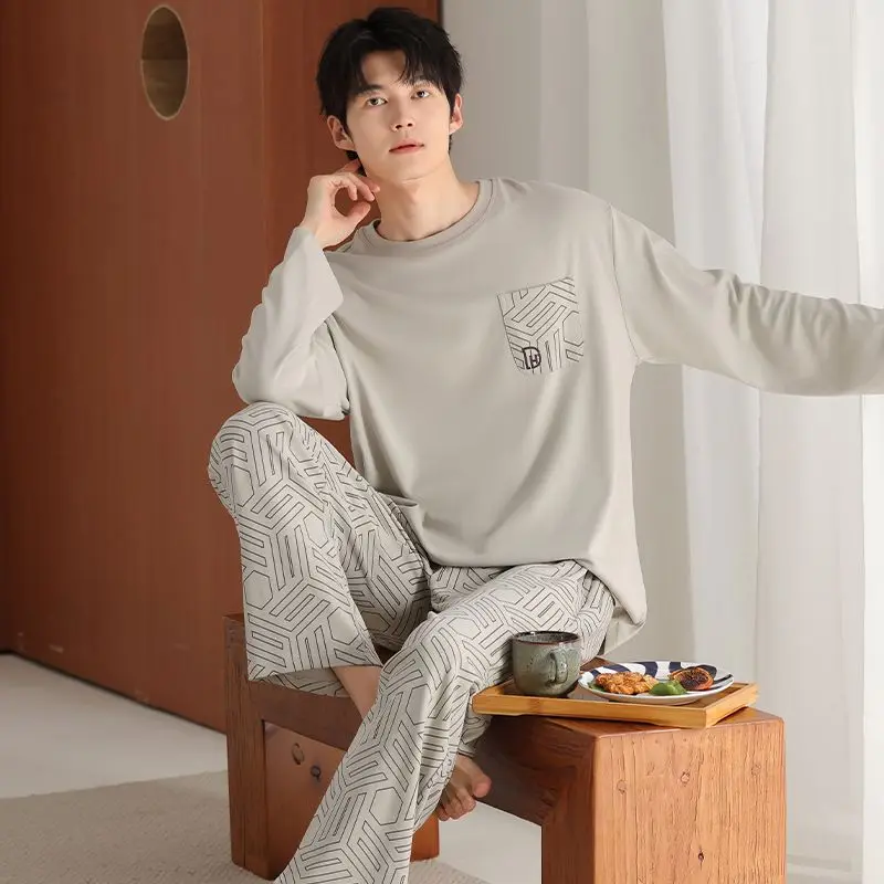 2026 Autumn Plus Size Long Sleeve 100% Cotton Pajama Sets for Men Korean Loose Sleepwear Suit Pyjamas Male Homewear Home Clothes