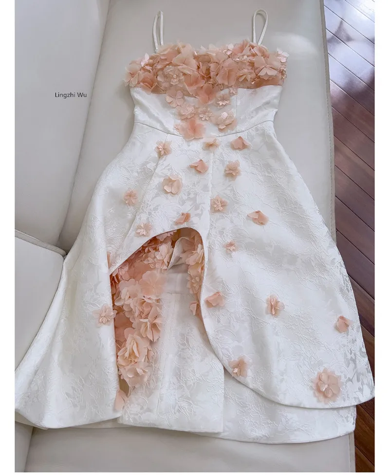 Lingzhi Wu-Luxury Handmade Petal Engagement Dress, Evening Dresses, Formal Vestidos, Strapless Ladies Holiday, Pink and White