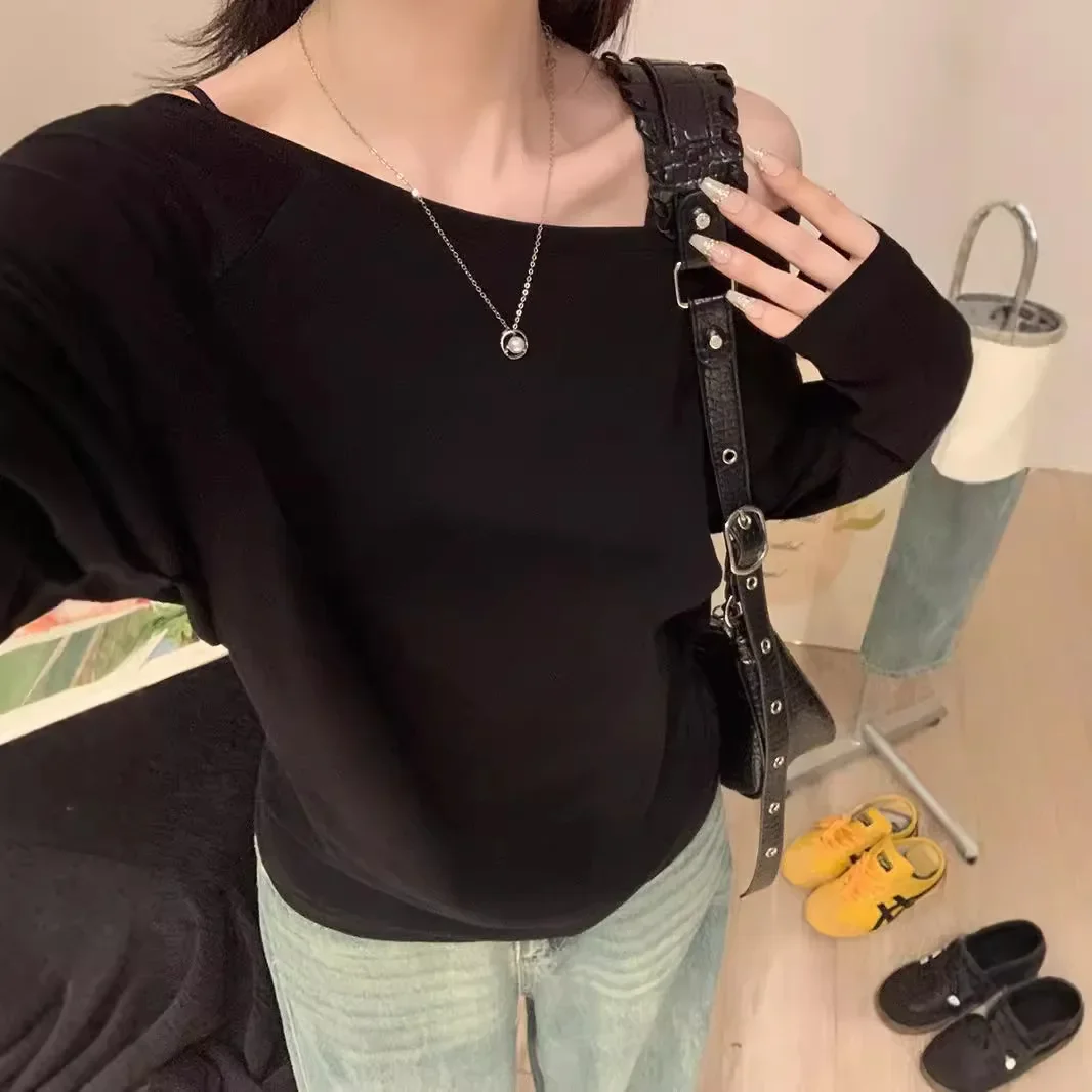 Black Long Sleeve Shoulderless T-Shirt Women's Loose Boho Style Early Autumn Top Sexy Casual Base Layer Shirt For Women