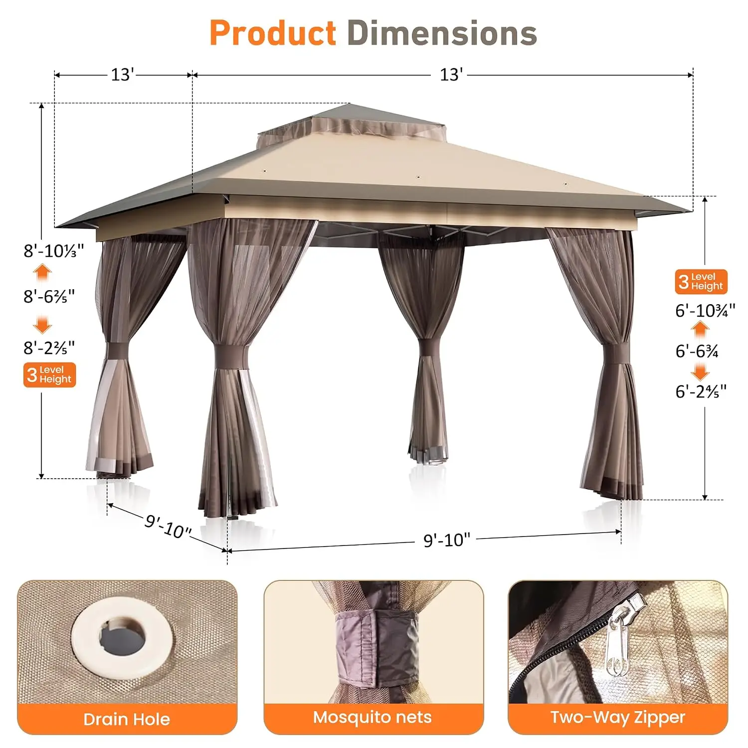 13'x13' Pop Up Gazebo Canopy Tent, Pop Up Canopy with Double Ventilated Roof & Mosquito Netting, Waterproof UV, Customized