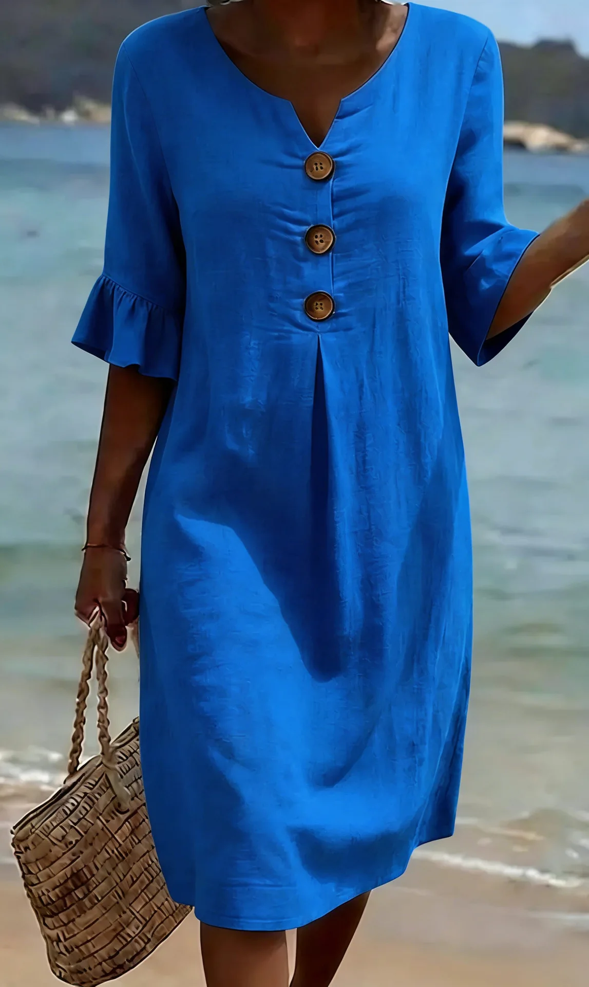V-neck Button Solid Color Casual New Beach Vacation Style Versatile Dress For Women's A-line Lace Short Sleeved Patchwork Skirt
