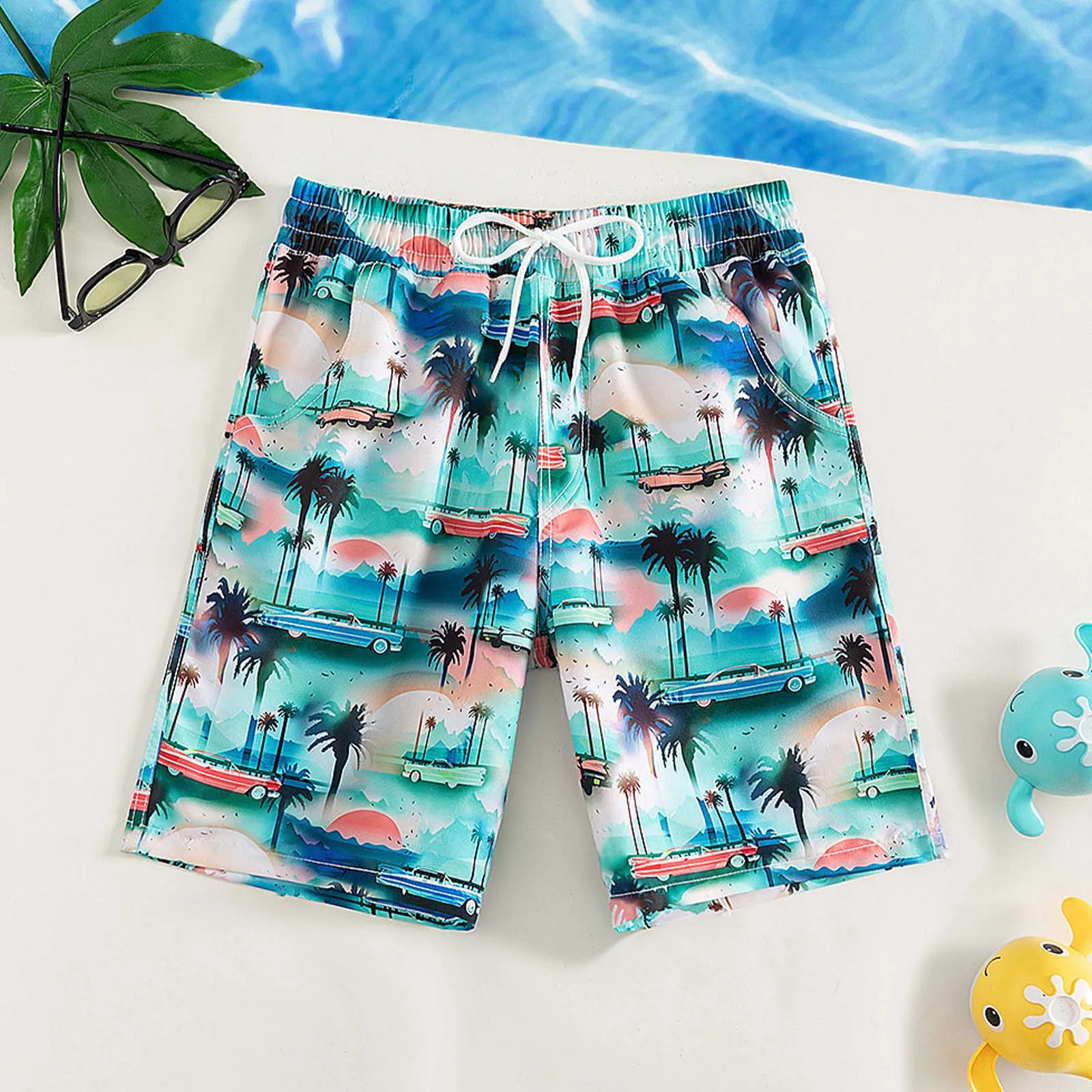 Pantaloncini da bagno stampati per bambini e ragazzi, elastico in vita con fiocco cucito e tasche laterali per il nuoto, il bagno, le vacanze