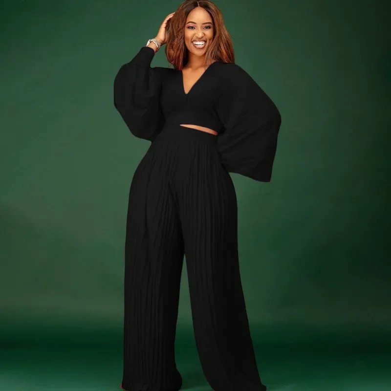 Chiffon Two Piece Set Women Outfits Fashion Pleated Long Sleeve V Neck Crop Tops Wide Leg Pants Suit Casual 2 Piece Set Black