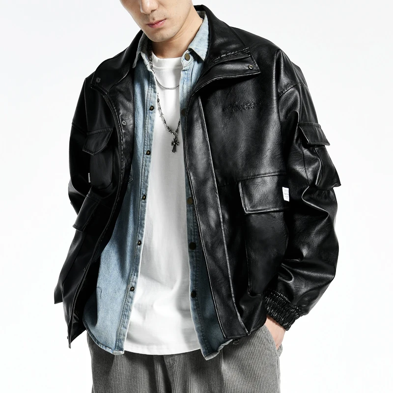 

2022 Mens Loose Style Jacket Motorcycle Biker Faux Pu Leather Jacket Men Fashion Leather Coats Male Bomber Clothings W130