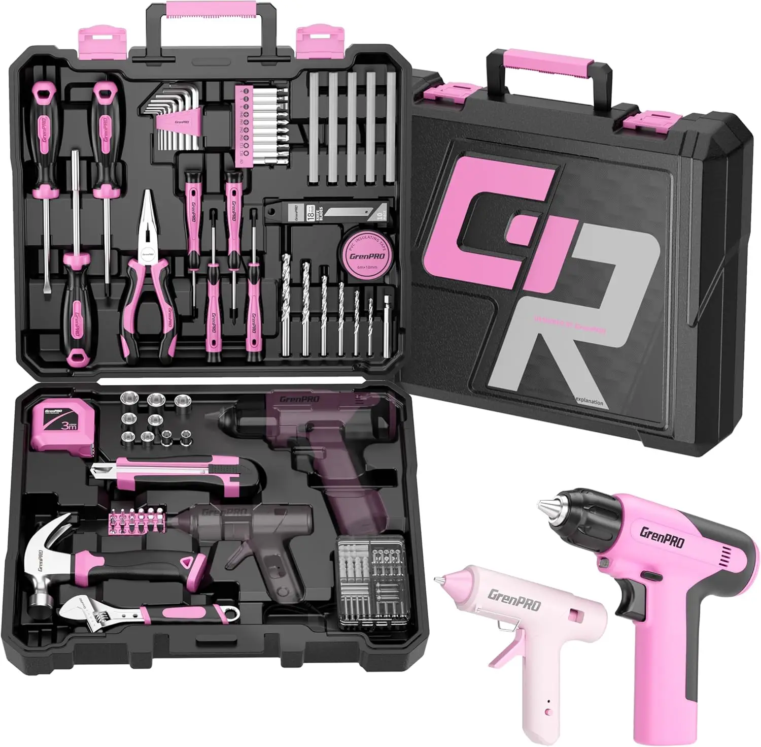 

Pink Tool Set with Cordless Drill, 188PCS Home Repair Kit for DIY Projects and Gifts