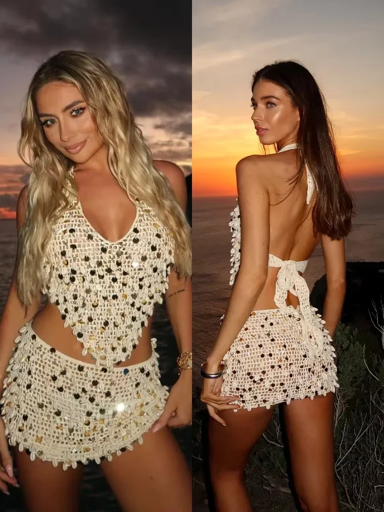 

White Shell Vest Mini Short Skirt Set Sexy V-neck Sleeveless Backless Skinny Hollow Out Top Suits New Summer Y2k Lady Beachwear
