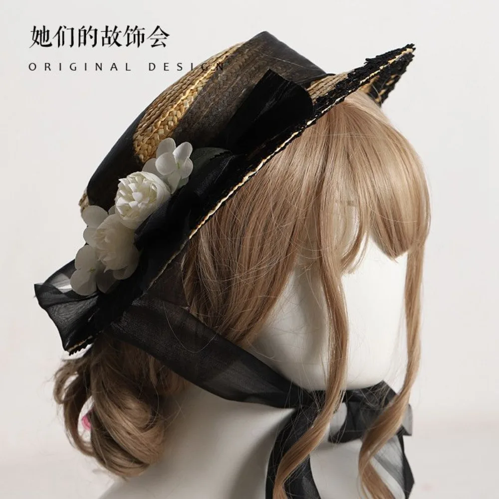 Lolita Floral Straw Hat Summer Sun Protection Flat Hat Mori Style Hanfu Mixed Style Outdoor Women Headwear