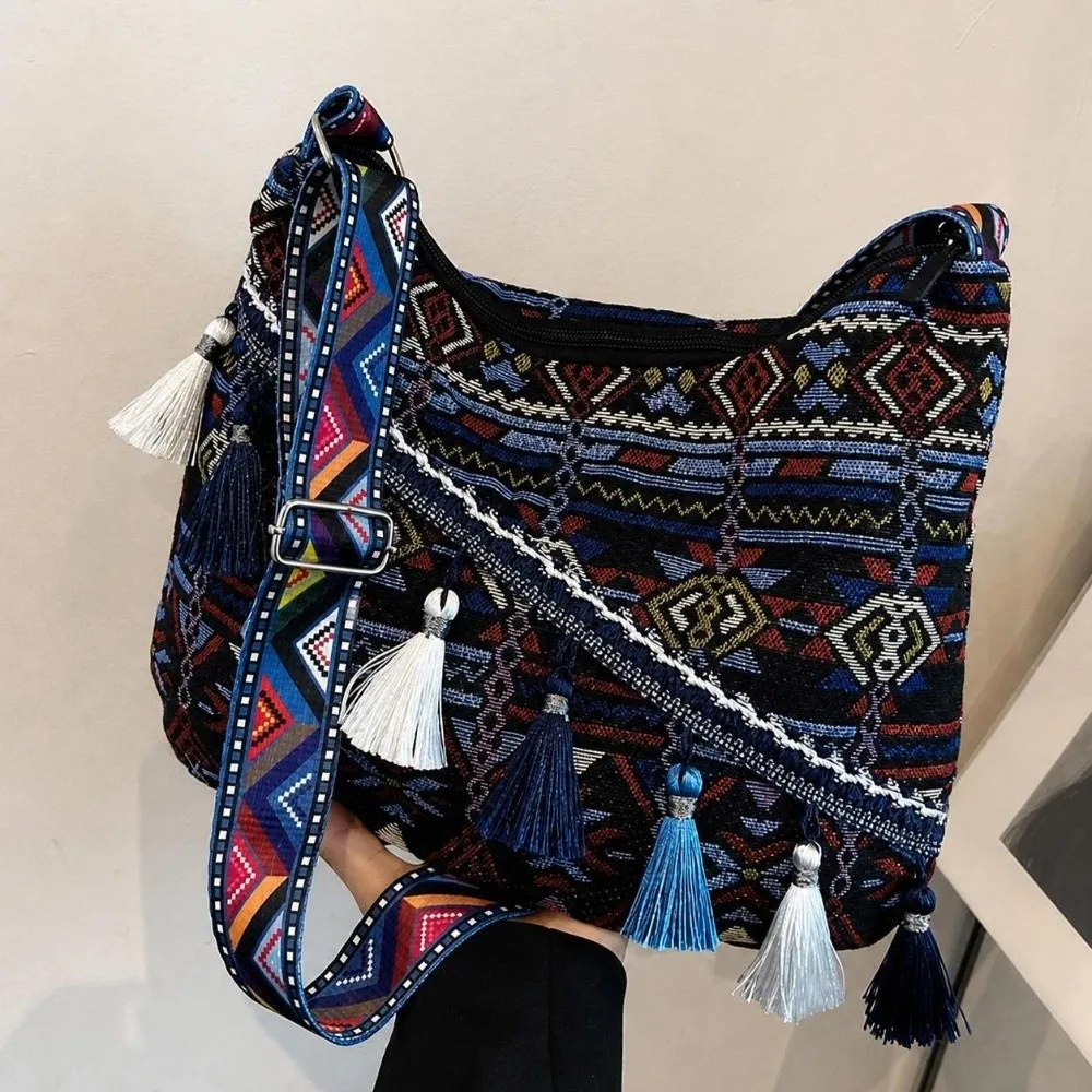Ethnic Geometric Print Canvas Hobo Bag Tassel Decor Zipper Closure Crossbody Handbag Lightweight Canvas Adjustable Wide Strap