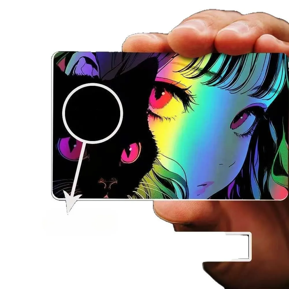 

Новая креативная забавная виниловая наклейка-скин 2026 года с изображением девочки и черной кошки, лазерная декорация, для кредитных и транспортных карт, маленький размер