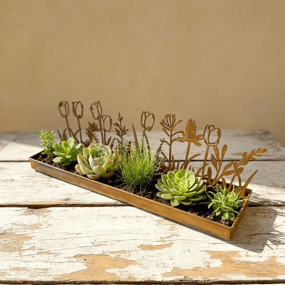 Decorative Metal Silhouette Planter Rectangular Iron Flower Trough Artistic Garden Yard Decor Minimalist Style Pot