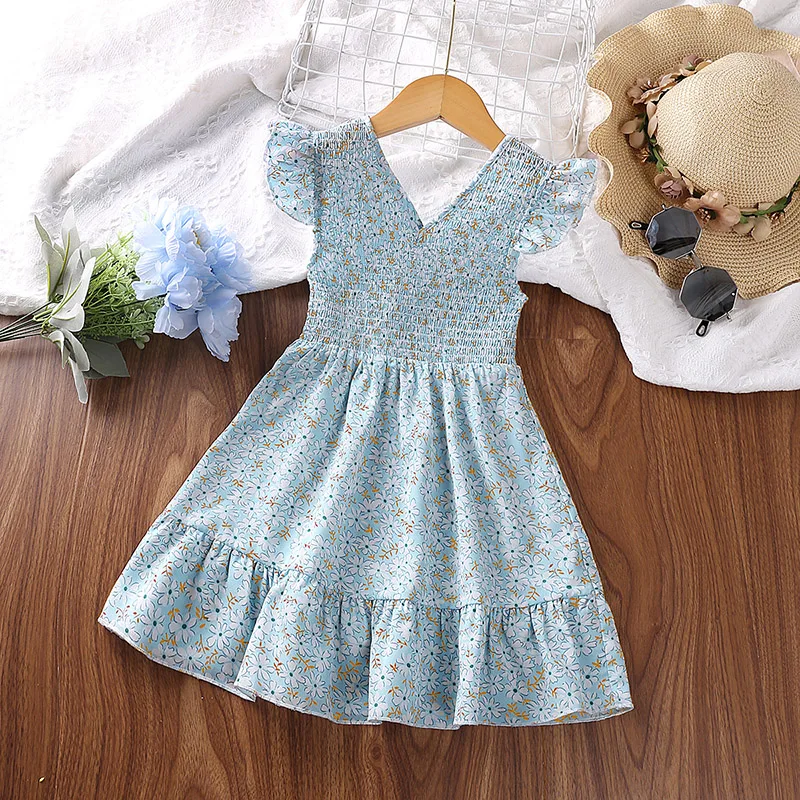 

Girls' Summer V-Neck Dress Cap Sleeve Floral Print Elastic Waist Knee-Length Skirt Sweet Fresh 4-7 Years Old