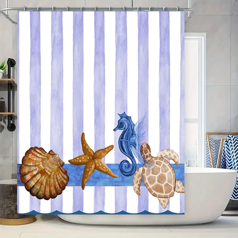 

Набор акварельных занавесок для душа «Морская жизнь» с синими полосками, тематический декор океанских животных для ванных комнат фиолетово-белого цвета со схемой