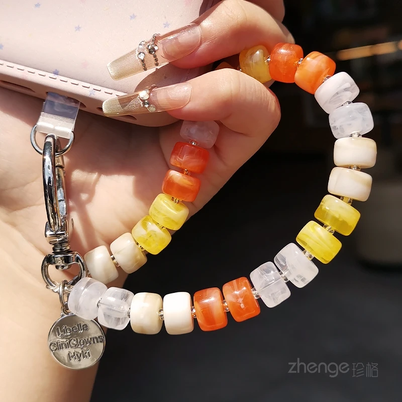 Women Summer Resin Cube Beaded Wrist Lanyard, Orange Yellow White Anti-lost Phone Key Chain Portable Bag Decor